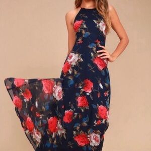 Lulu’s DEBUT NAVY BLUE FLORAL PRINT LACE UP‎ MAXI DRESS size medium